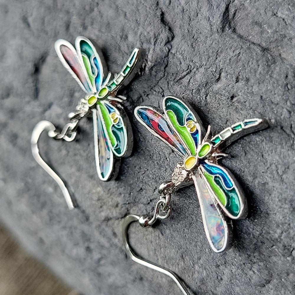 Mosaic Dragonfly Enamel and Silver Drop Earrings - Picture 5 of 8